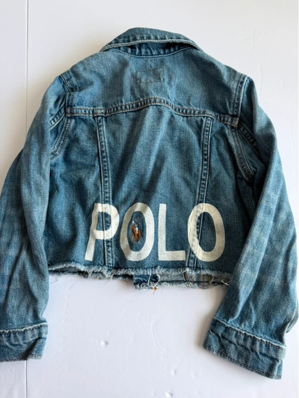 Polo Ralph Lauren Kids Cropped Raw Hem Denim Jacket Big Spellout Logo Size 4T